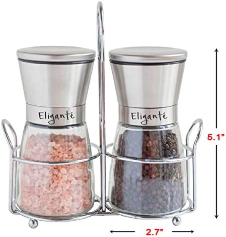 Eligante Premium Salt and Pepper Grinder Set - Stainless Steel Salt and Pepper Shakers with Glass Body and Adjustable Coarseness Ceramic Mill with Stand - Combo Set of 2