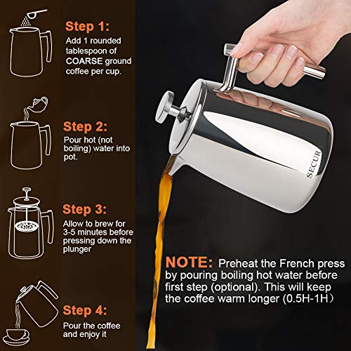 Secura French Press Coffee Maker, 17Ounce, 18/10 Stainless Steel