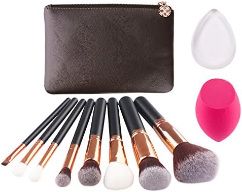 MEYSHAR Makeup Brushes Set with Case&amp;Concealer Sponge&amp;Silicone Sponge Brush Egg (8+2pcs ,Dark Brown)