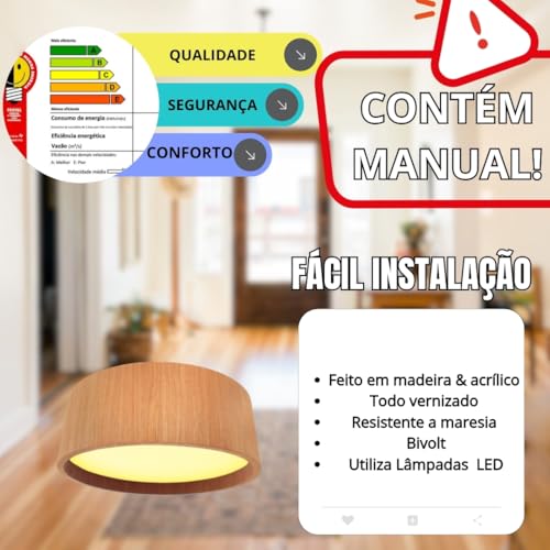 Luminária de Teto Plafon Redondo de Madeira 6 Tamanhos de 25 a 90 cm e 3 Cores - Imbuia, Freijó e Mel Design Moderno e Sofisticado (Freijó, 25 cm)