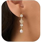 PRTGL Pearl Earrings: 14k Gold/White Gold/Rose Gold Plated Cubic Zirconia Accented Pearl Drop Dangle Wedding Engagement Earrings For Women Bridal Bridesmaid