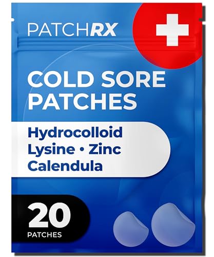 PatchRx Cold Sore Patches for Lips (20 Patches) Lysine, Calendula & Zinc – Hydrocolloid Cold Sore Patch for Lip (Night or Day-time Remedy), Fever Blister Patches