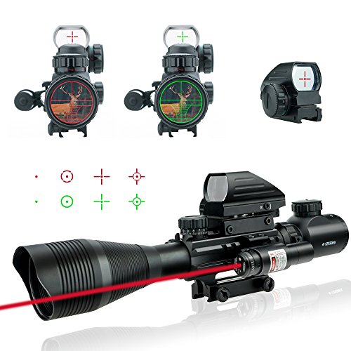 Lirisy Rifle Scope with Red Laser, Tactical Optics 4-12x50EG Holographic 4 Reticle Reflex Sight & Red Dot Laser Sight