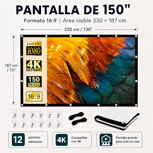 TPOUIDD Visualización de Proyector de 150 Pulgadas, Pantalla de Proyeccion Portátil Plegable HD 16:9, Resistente a Las Arrugas, Apta para Uso en Exteriores, Interiores y Cine en Casa (150)