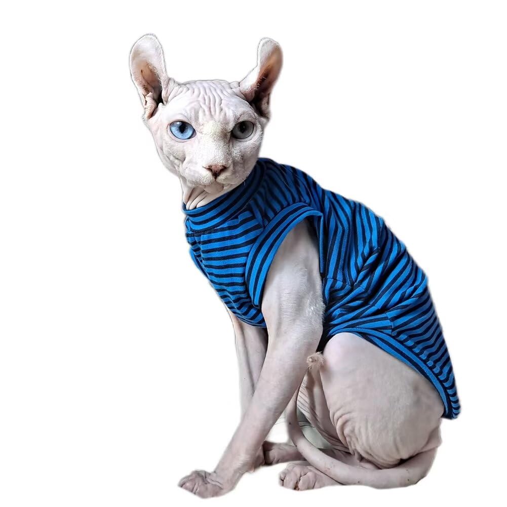 Sphynx Hairless Cats Clothes T-Shirt,Cats & Small Dogs Summer Wear Soft Breathable Stripe Cotton Vest Shirts for Cornish Rex, Devon Rex, Peterbald Blue L