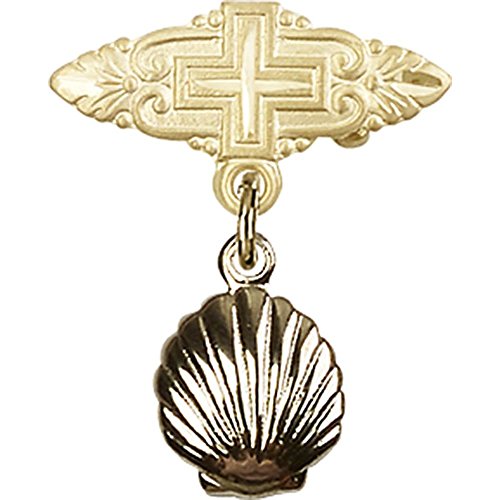 14kt Yellow Gold Baby Badge with Shell Charm and Badge Pin with Cross 7/8 X 3/4 inches