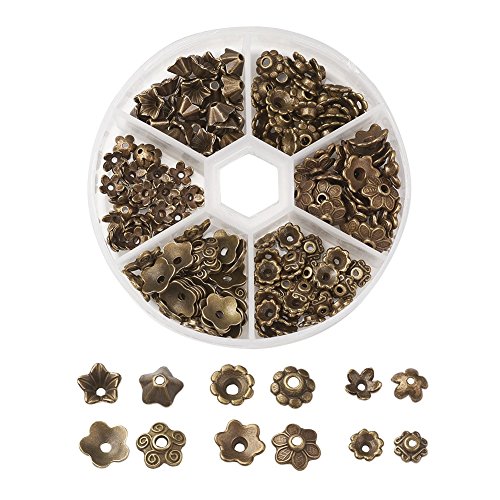 Pandahall 1 Box Assorted 6 Different Shape Tibetan Style Alloy Flower Bead Caps for Jewelry Making, Antique Bronze