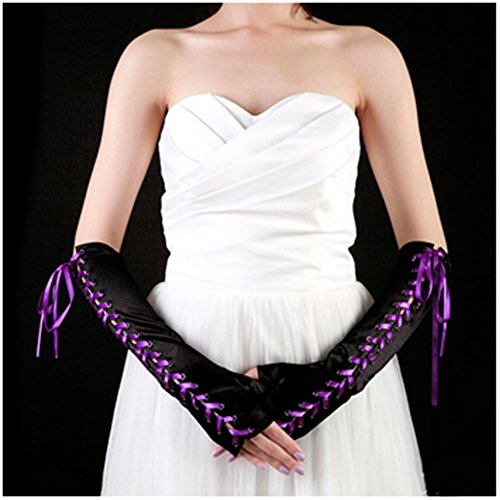 Lace Up Satin Gloves,Womens Full Length Fingerless Lace Up Arm Warmer Satin Gloves,For Weddings, Engagements, Parties, Holidays (Purple)