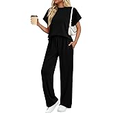 Tankaneo Womens 2 Piece Lounge Sets Short Sleeve Tops Wide Leg Pants Set Casual Matching Vacation Travel Outfits