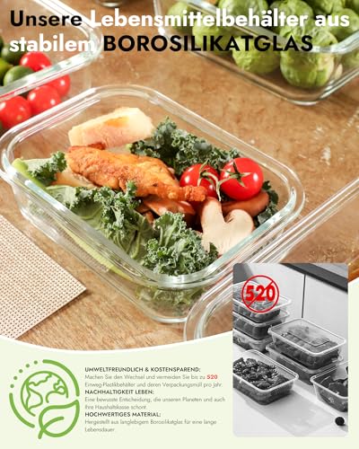 BOROHOUSE Glass Containers with Lid Set (12 Pieces), High Borosilicate, Microwave-Safe, Oven Safe, 20°C ~ 510°C, with Valve, Dishwasher Safe - Perfect for Storage Jars, Meal Prep & Freezer Containers, Blue