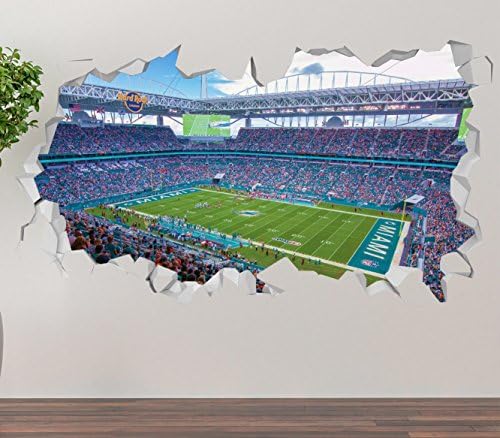 Miami Dolphins Hard Rock Stadium Wall Decal Smashed 3D Sticker Vinyl Decor Mural NFL - Broken Wall - 3D Designs - OP262 (Giant (Wide 50" x 30" Height))
