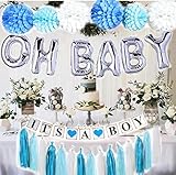 Baby Shower Decorations for Boy| OH BABY letters balloons| 6 pompoms| It's a Boy Banner| Blue Tasells| Blue Silver and Grey Baby Shower| Party Decorations| Blue backdrop|Centerpiece