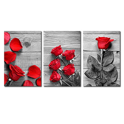 3 Panel Black And White Roses With Touch Of Red Color X 3 Panels