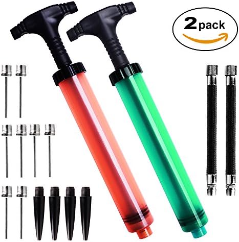 MINGRU Dual Action Ball Pump for Basketball, Soccer, Volleyball, Rugby, Water Polo ball & Other Inflatables Air Pump, Needles and Nozzles Included (2 PACK - GREEN + ORANGE, 10")
