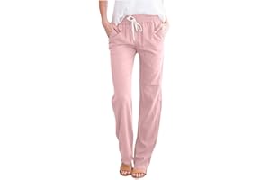 WODCEEKE 2024 Linen Pants Women Straight Leg Pants Summer Casual Drawstring High Waisted Cotton Loose Trousers with Pockets