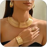 LNNVKRV African Choker Jewelry Set for Women Gold Hoop Choker Necklace Earrings Bracelet Ring Set Statement Jewelry for Women