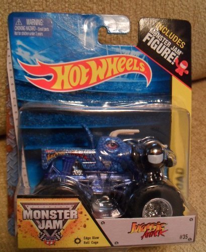 Jurassic Attack with Edge Glow Roll Cage Monster Jam includes Monster Jam Figure (Blue Dinosaur) Off-Road Hot Wheels Monster Truck 1:64 Scale #35