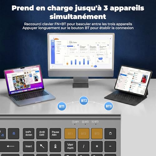 cimetech Wireless Rechargeable Bluetooth Keyboard Silent Ultra-Slim French AZERTY Keyboard with Numeric Pad for MacOS/iOS/Android/Windows/PC/Computer/Laptop/Laptop - Grey Black