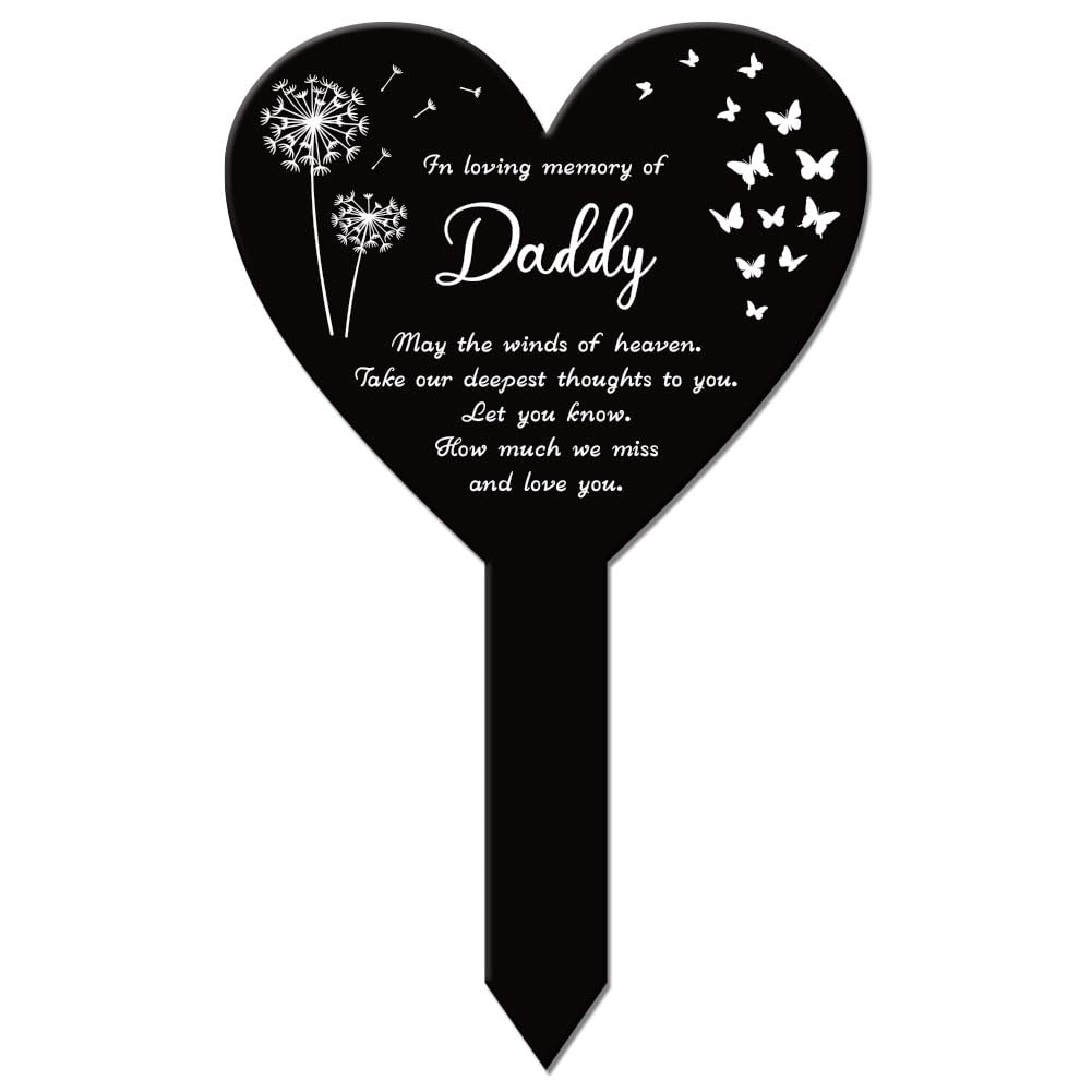 GLOBLELAND Heart Daddy Garden Memorial Remembrance Plaque Stake for Cemetery - Acrylic Waterproof Sympathy Grave Marker for Yard (Daddy)