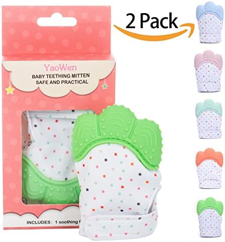 2pcs Baby Teething Mitten, Self Soothing Teether &amp; Teething Pain Relief Toy, Yaowen Unisex Glove for 3-12 months Baby (Green)