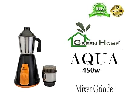 GTC Green Home Mixer Grinder 450w with Stainless Steel Jar (2 JAR, Black-Orange -Aqua)