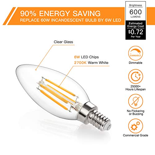 Dimmable LED Candelabra Bulb 60W Equivalent, 2700K Warm White, 6W Chandelier LED Filament Light