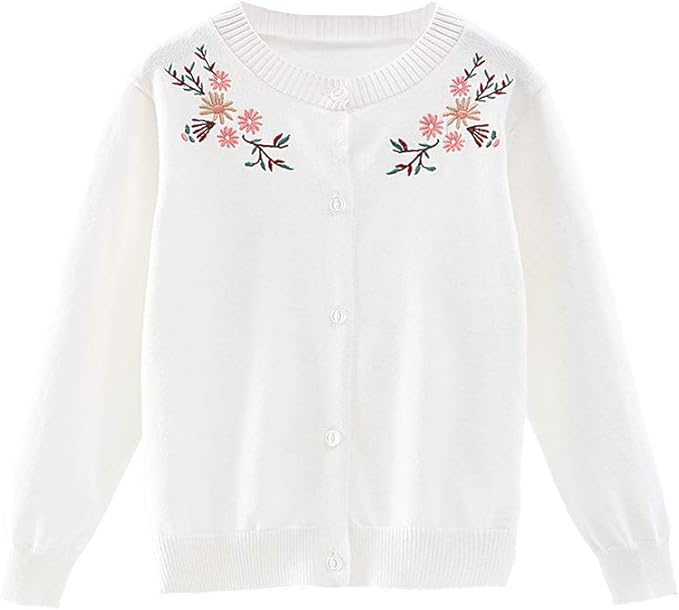 Cute Cardigans for Girls Korean Embroidered Floral Pure Cotton Long Sleeve Sweaters for Kids 6 