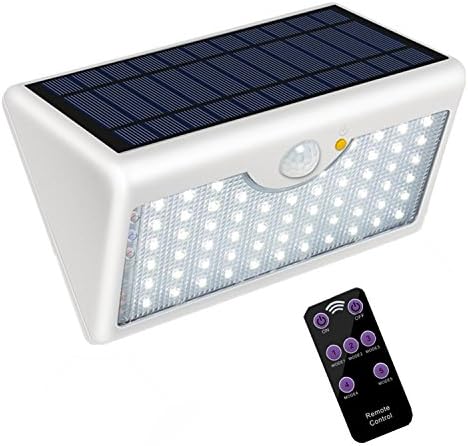5 Modes Outdoor Solar Wall Light with Remote Control, Super Bright 60 LED Wireless Motion Detector Security Lamp 1300LM Waterproof for Wall, Garage, Garden, Entrance (White Shell, Warm White Light)