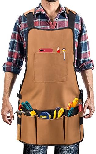 Work Apron - UHINOOS 16 Pockets Professional Heavy Duty Waterproof Tool Apron With Adjustable Cross-back Strap Fits Men & Women (brown)