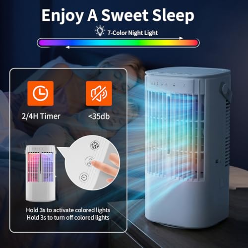 Portable Air Conditioner,1000ML Air Conditioning with Quiet Cool Mist, 7-Color Night Light, 120° Oscillation & Timer, for Bedroom, Car, Office