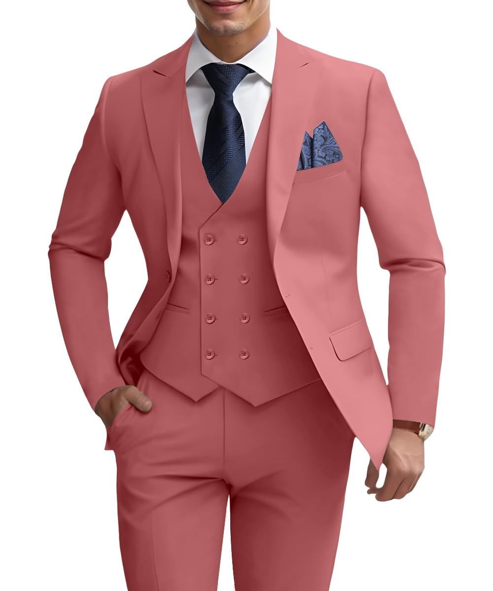 WOMS Men's 3 Piece Slim Fit Suit, Coral Wedding