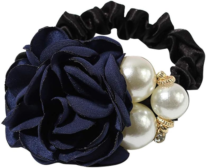 Dressy Rose Flower Pearl Beads with Stains Eleastic Hair Band Rope Scrunchie Ponytail Holder Hair Ties Hairdo Cloth Bands Sleep, Shower for Girls and Women (Navy Blue)