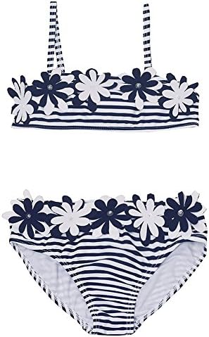 Kate Mack Little Girls Navy White Stripe Floral Appliques 2 Pc Swimsuit 2T
