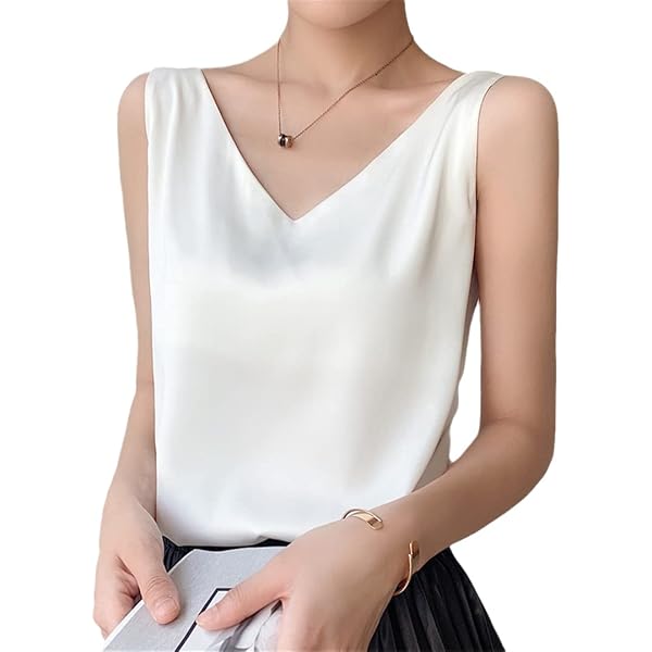 Miqieer Women's Silk Satin V-Neck Tank Top - Loose Fit Camisole, Champagne, Size 3X-Large
