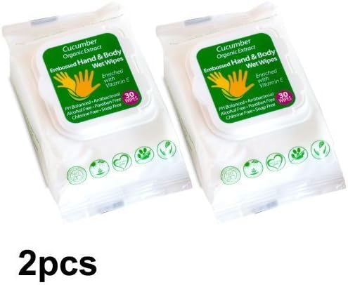 2 PACK ORGANIC CUCUMBER HAND &amp; BODY WIPES WITH ORGANIC ALOE VERA EXTRACT, ALCOHOL, PARABEN FREE by NatraTouch WorryFree