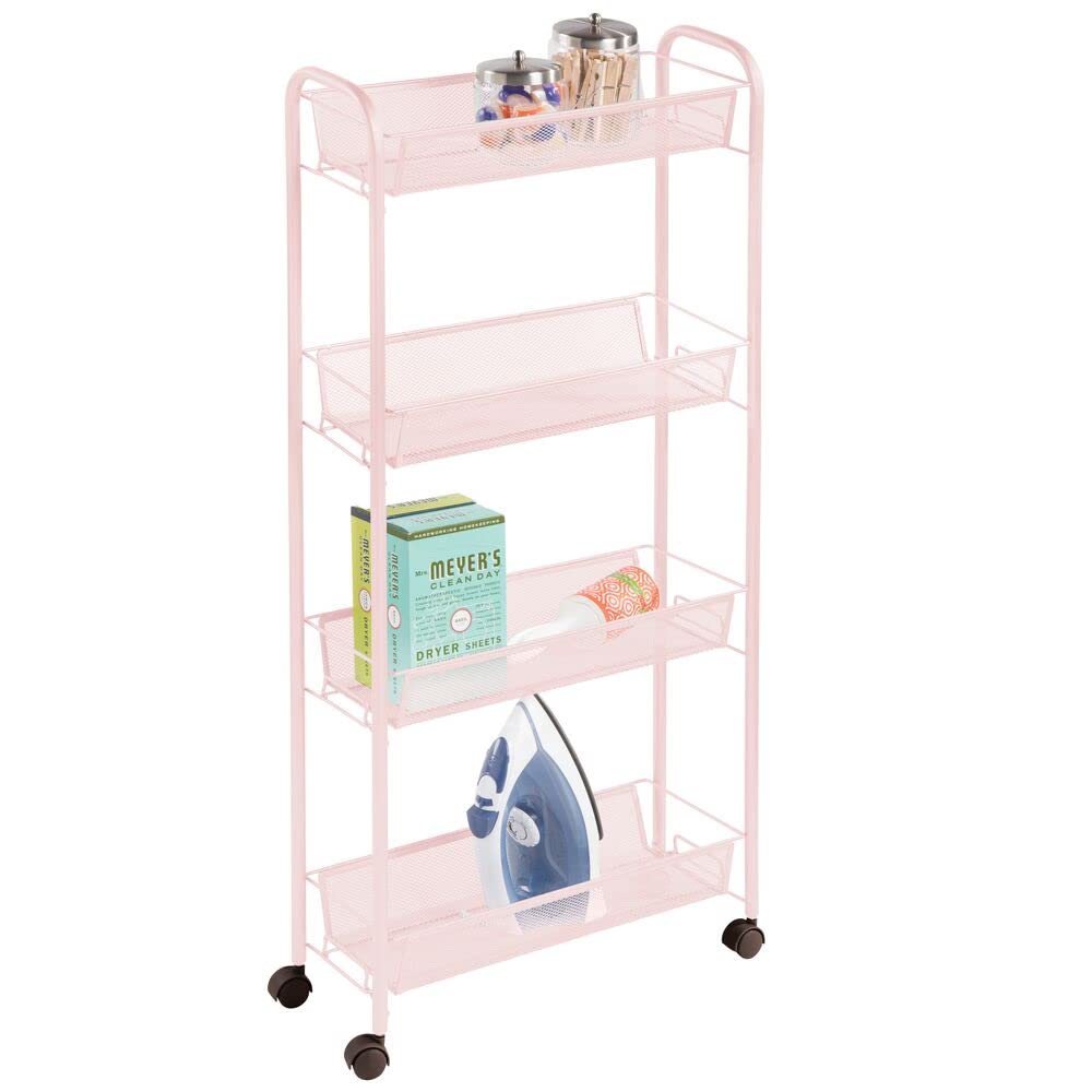 mDesign Rolling Utility Trolley — Portable Storage Shelf Unit with 4 Levels — All-Purpose Shelving Trolley with Easy-Glide Wheels — Blush Pink