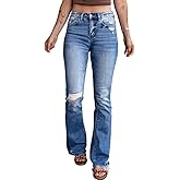 Ripped Flared Jeans Frayed Edges Bootcut Stretchy Subtle Flare Denim Pants Long Length Light Blue