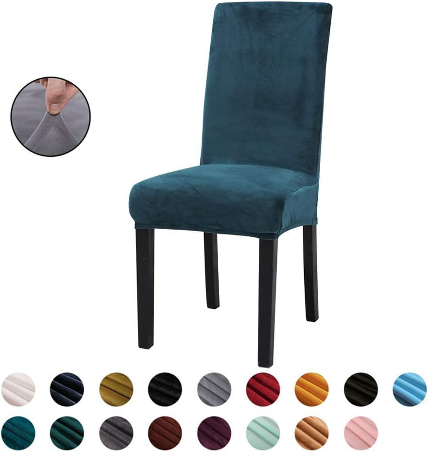 Chickwin Chair Covers for Dining Chair 2/4/6PCS, Solid color Universal High Back Stretch Velvet Chair Cover for Party Room Spandex Removable Washable Chair Cover Slipcovers (2 PCS,blue-green)