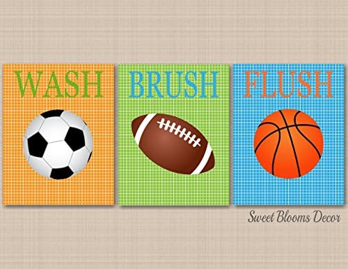 Sports Bathroom Decor,Kids Sports Bathroom Wall Art,Soccer Football Baseball Basketball Bathroom,Boy Sports Bathroom,Sports Nursery Decor-UNFRAMED Set of 3 PRINTS (NOT CANVAS) B133
