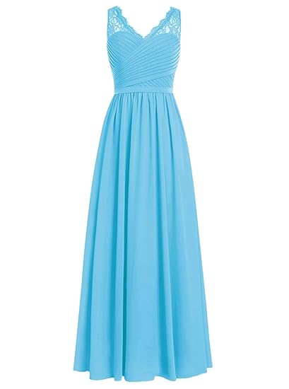 Brautjungfernkleider Spitze Lang A-Linie Chiffon Ballkleider V-Ausschnitt Ärmellos Abendkleider Hochzeit Kleider