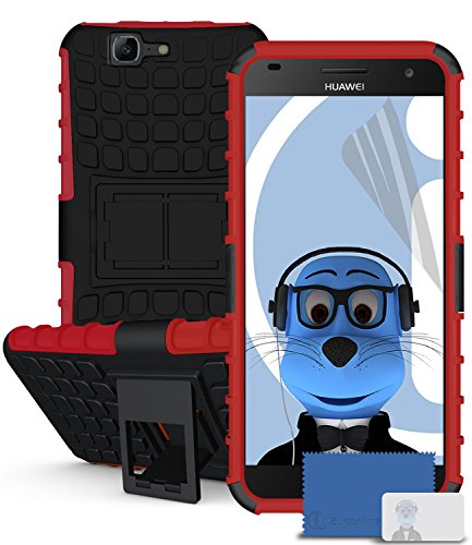Huawei Ascend G7 (G7-L01, G7-L03) Red Black ARMOR Tough Hard Shock Proof Rugged Heavy Duty Case Cover with Viewing Stand and LCD Screen Protector Guard
