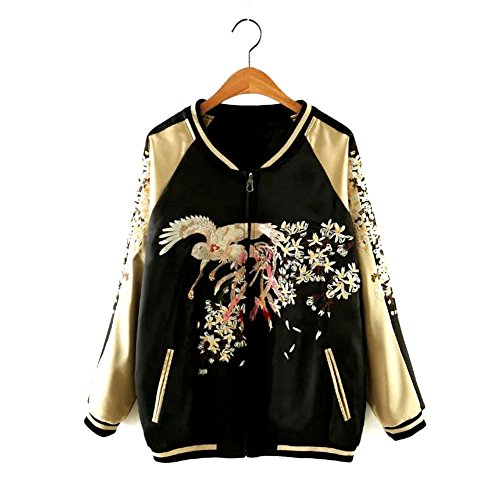 Women's Girls Reversible Lightweight Satin Bird Embroider Bomber Jacket Black,X-Large