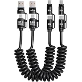 NKV 65W 4-in-1 Retractable Fast Charging Cable, [2Pack 5FT] Spring Coiled USB-C to L/USB-C/USB-A Multi-Device Cord for iPhone 17/16/15/14 Series/iPad/Other Smartphones