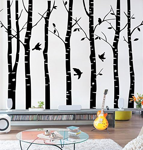 Set of 9 Big Birch Trees in Black Large Peel and Stick Giant Tree Removable Wall Decal Stickers Wall Art Home Decor