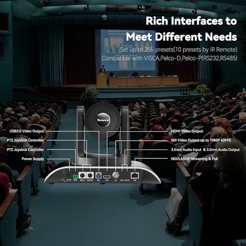 Tenveo PTZ Camera with Auto Tracking AI NDI/SDI/HDMI/USB3.0/RJ45 PoE Optical Zoom 12X 1080P 60FPS IP Live Streaming Camera for Big Church Events and Live Streaming