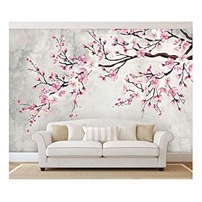 Large Wall Mural - Watercolor Style Ink Painting Pink Cherry Blossom on Vintage Wall Background | Self-Adhesive Vinyl Wallpaper/Removable Modern Wall Decor - 66x96 inches