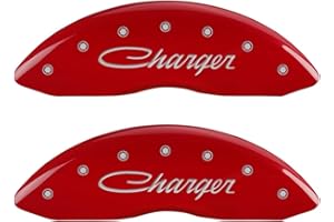 MGP Caliper Covers - Brake Caliper Covers for 2011-2023 Dodge Challenger & 2011-2023 Dodge Charger (Requires Dual Piston Front Caliper) Front and Rear Set - Engraved Cursive CHARGER Logo (Red)