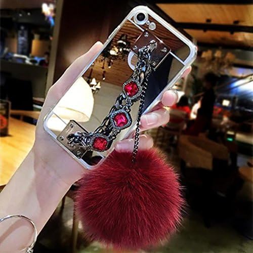 Mirror iPhone7 case,Three Cray Multifunctional Mirror Phone Case With Metal Bracelet and Rabbit Fur Ball For iPhone7 (iPhone7, Wine red)