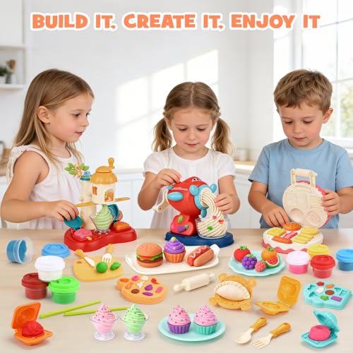 Dreamon 3 in 1 Play Color Dough Set - Ice Cream Noodle Hamburger Maker Machine, Dough Tools Accessories Set, Play Kitchen Accessories, Art Crafts Food Toys for Kids 3 4 5 Years Old