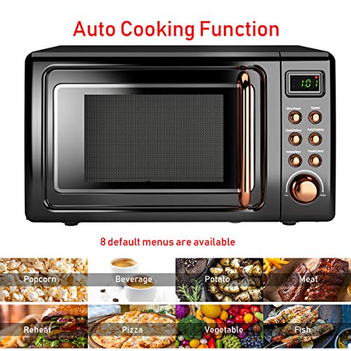 COSTWAY Retro Countertop Microwave Oven, 0.7Cu.ft, 700-Watt, Cold Rolled Steel Plate, 5 Micro Power, Delayed Start Function, with Glass Turntable & Viewing Window, LED Display, Child Lock (Gold)